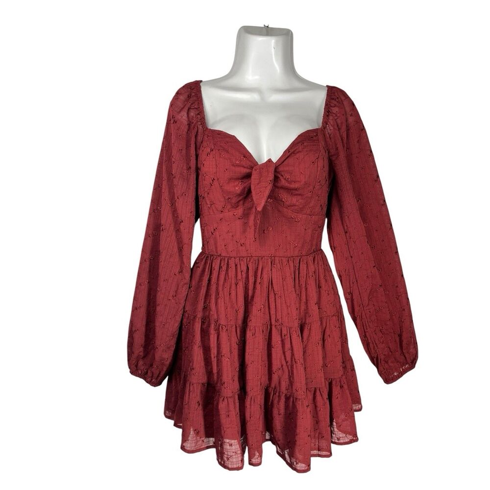 Trixxi Dress Small Burgundy Red Tiered Long Sleeve Mini Babydoll dress